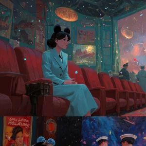 Painterly cinematic scene, neon-lit retro cinema interior, confe...