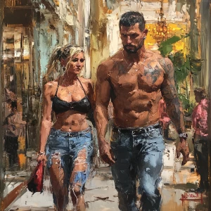 Oil painting  art  1:1.A sweaty  man walking with his 54 year ol...