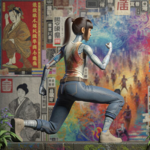 Athletic Thin skinny Attractive, Asian teenage girl, long brown hair and bangs, wearing tight skinny jeans and a halter top paint marks on her clothing, heroic pose Asian graffiti background, backside view