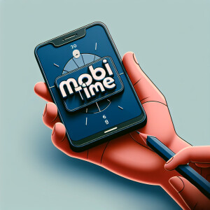 Create a realistic logo with the text "MOBI TIME" and a picture...