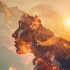 Create a double exposure profile shot for Aries in the 1st House...