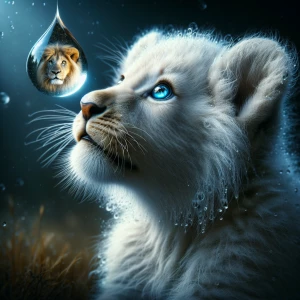 A young white lion cub with striking blue eyes gazes upwards at...