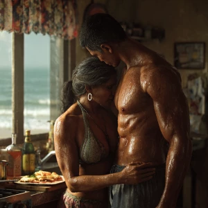 Hyperrealism.a muscular sweaty indian man standing behind and...
