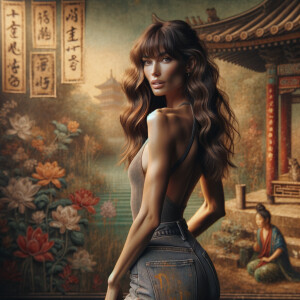 Athletic Thin skinny Attractive, Asian teenage girl, long brown hair and bangs, wearing tight skinny jeans and a halter top paint marks on her clothing, heroic pose Asian graffiti background, backside view