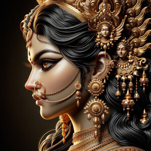 Side view portrait of extremely angry goddess durga. intricately detailed depiction of a goddess. gold jewelry all over body. sharp nose, light skin, beautiful brown eyes, wavy black hair, ultra detailed face. Wearing red saree, a lot of gold ear piercings, huge gold crown. uhd, hdr, 64k, epic, ultra detailed face, photography, 8k, UHD