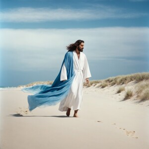 Jesus wearing a white robe with a blue sash walking in the beach...