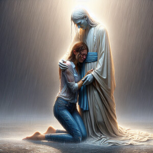 In a poignant moment, Jesus Christ, dressed in a white robe with...