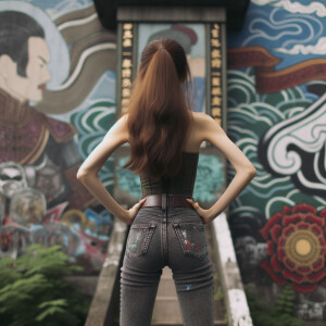 Attractive, Asian teenage girl, long brown hair and bangs, wearing tight skinny jeans and a halter top paint marks on her clothing, backside view heroic pose Asian graffiti