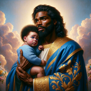 Classical oil painting style depicting an African-American Jesus...