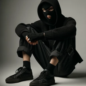 Teen boy in ski mask and black fingerless gloves in an black  ja...