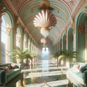 A hyperrealistic palace corridor bathed in sunlight, with pastel...