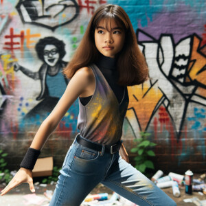 teenage girl, long brown hair and bangs, wearing tight skinny jeans and a halter top paint marks on her clothing, heroic pose Asian graffiti background, nearing on one knee