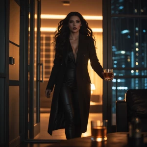 A cinematic, moody evening scene in a modern high-rise apartment...