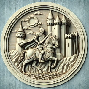 3d bas relief of a knight on a horse in front of a castle, round...