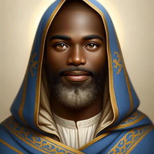 Create a beautiful African-American Jesus Christ with Hazel, brown eyes and blue and gold robe