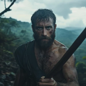 n the middle scene, on the top of a barren hill, stands a strong...