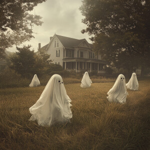 Photorealistic image . Funny, ghosts of asylum lunatics on the f...