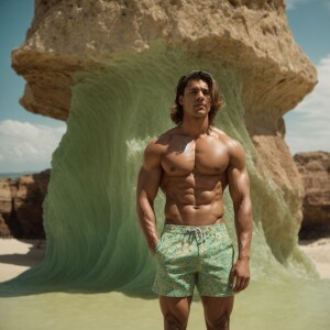 The image depicts a very muscular man standing on a beach. He is...