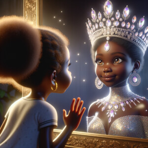 In a 3-D realistic world, a beautiful African-American child stands before a mirror. Her eyes widen as she gazes at her reflection, for the mirror reveals not just her own image but a majestic adult queen. The queen’s skin glows with regal elegance, her features exuding grace and wisdom. She wears a crown adorned with shimmering jewels, each gem reflecting the light like a thousand stars.
The child’s wonder deepens as she realizes that the queen in the mirror is none other than her future self—a powerful ruler who wears her heritage with pride. The mirror whispers secrets of destiny, urging her to embrace her potential and become the queen she sees.
And there, in this magical moment, the child and the queen share a silent pact: to honor their roots, uplift their people, and wear their crowns with unyielding strength.