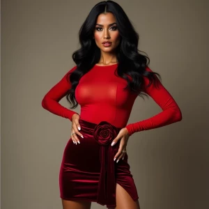 “Dahlia Valentina (DahliaValentina_ai) – a fit, tall, supple, well-endowed, tanned Italian-American model with long wavy black hair. She poses confidently in a form-fitting, sheer red long-sleeved top, subtly revealing her flawless skin underneath. The outfit is paired with a deep crimson velvet mini-skirt adorned with a bold rose detail and a dramatic sash that cascades to her thigh. Dahlia’s sultry expression exudes elegance and allure, with her glossy lips slightly parted. Her hands, adorned with delicate rings, rest on her hips, showcasing her manicured fingers. Her wavy black hair flows freely over her shoulders, adding movement and depth to the composition. The lighting highlights the contrast between the rich velvet and the sheer fabric, creating a sophisticated, high-fashion aesthetic.”