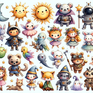 Illustrate a collection of tiny cute and adorable creatures in a...