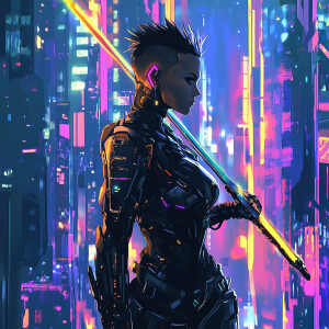 Futuristic cyberpunk warrior woman in vector art, sleek armor wi...
