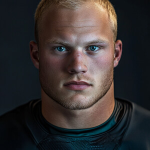 Create a dramatic portrait of a fat athletic man now aged 24, im...