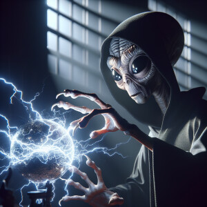 An alien wizard is playfully manipulating a crackling ball of el...