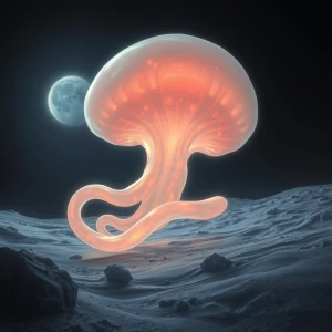 In the dimly lit lunar landscape, a luminous amoeba blob creatur...