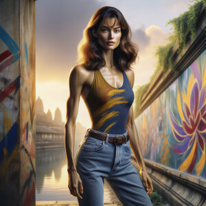 Athletic Thin skinny Attractive, Asian teenage girl, long brown hair and bangs, wearing tight skinny jeans and a halter top paint marks on her clothing, heroic pose Asian graffiti background, backside view