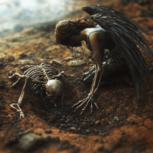 a powerful scene where a demon is lying just beneath the dirt, w...