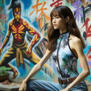 Very thin Athletic Thin skinny Attractive, Asian teenage girl, long brown hair and bangs, wearing tight skinny jeans and a halter top paint marks on her clothing, sitting side view heroic pose Asian graffiti