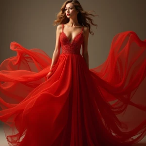 Create a stunning artwork of a beautiful woman in a red dress, w...