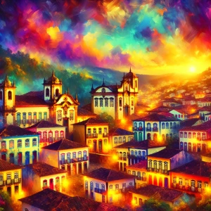 Create an image in the style of J.M.W. Turner depicting the cityscape of Mina’s gerais romantic colonial houses  scenery  Brazil, capturing the interplay of light and color typical of Turner's paintings.