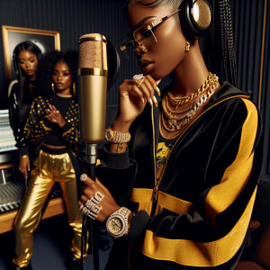Black female rap artist  in a recording studio in the booth unee...