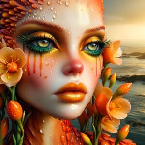 sea creature, orange freckles, orange lipstick, green-blue eyes,...