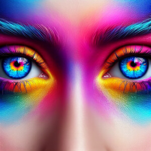 multicolored eyes, prominently featuring shades of blue, pink, a...