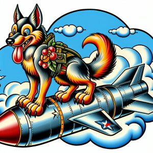 Wwii  nose art of a cartoonish wolf riding a missle in an  new s...