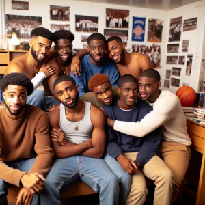 Tan frat bros cuddling in dorm