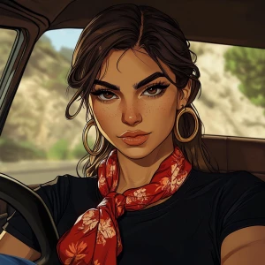Lucia from GTA, not a pretty girl with brown hair, thick eyebrow...