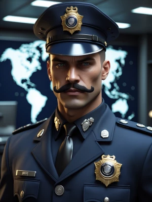 A strikingly handsome and impeccably styled male police officer,...