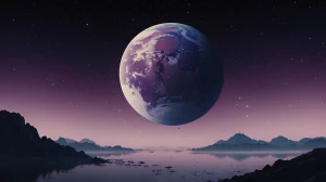 A minimalist cosmic scene with a lone planet surrounded by deep...