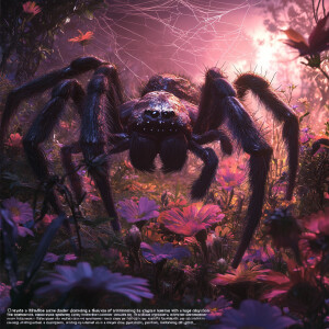 "Create a lifelike scene of a giant spider dominating a flower g...