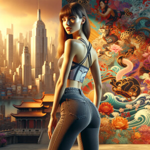 Athletic Thin skinny Attractive, Asian teenage girl, long brown hair and bangs, wearing tight skinny jeans and a halter top paint marks on her clothing, heroic pose Asian graffiti background, backside view