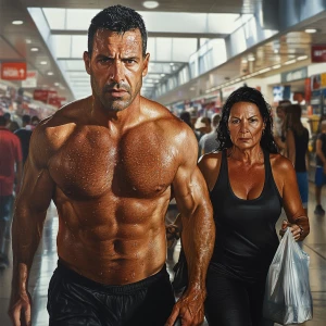 Hyperrealism art,A muscular man, glistening with sweat, walks wi...