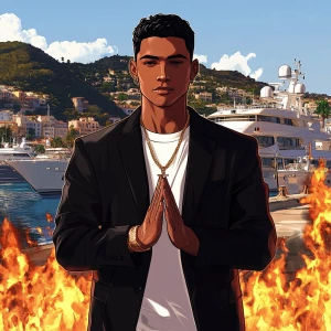 Create an image of a character wearing a black blazer over a whi...