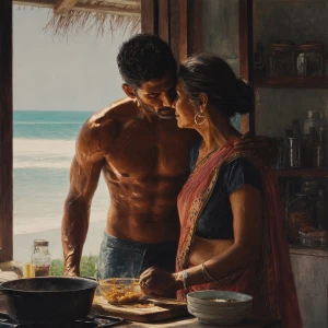 Hyperrealism painting.a muscular sweaty indian man standing be...