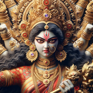 Portrait of gorgeous and angry goddess durga slaying mahishasur. intricately detailed depiction of a goddess. gold jewelry all over body. sharp nose, light skin, beautiful brown eyes, wavy black hair, red lips, slim body, red clothing, muscled limbs, ultra detailed body. uhd, hdr, 64k, epic scene. Photography