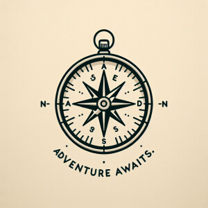 A minimalist design of a compass with ‘Adventure Awaits’ text