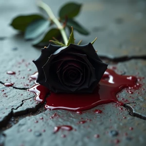 A black rose with a stem with thorns is shown strewn across a cr...